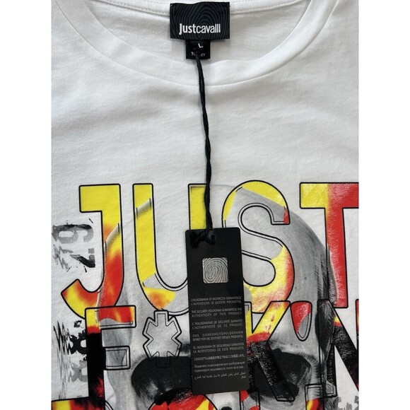 Just Cavalli Mens White Skull Tee Shirt "JUST F**K'N' ROLL CAVALLI" Crew Neck L - Picture 4 of 11